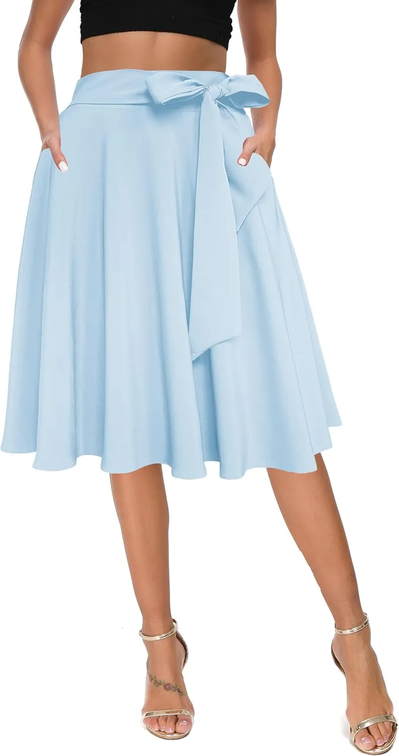 Afibi Womens Vintage High Waist A-Line Skater Skirt Flared Midi Skirt with Pockets