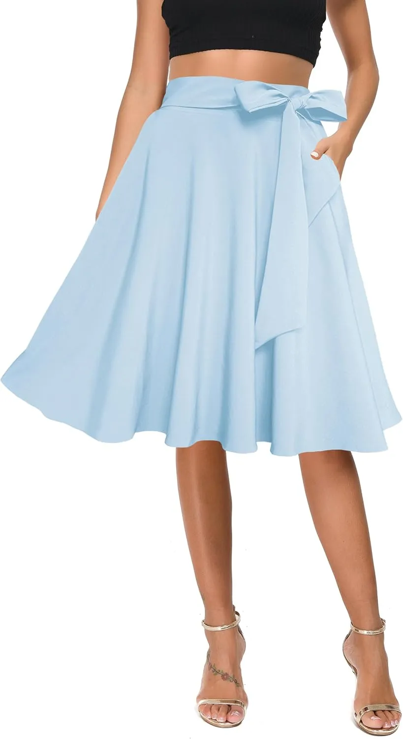 Afibi Womens Vintage High Waist A-Line Skater Skirt Flared Midi Skirt with Pockets