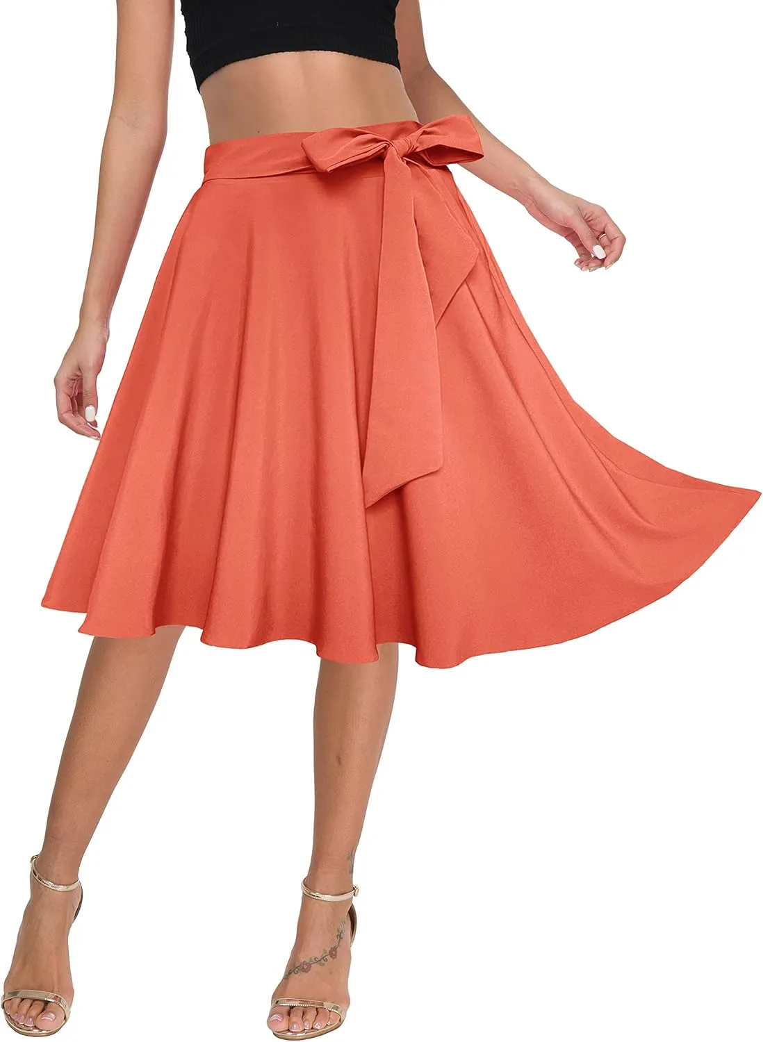 Afibi Womens Vintage High Waist A-Line Skater Skirt Flared Midi Skirt with Pockets