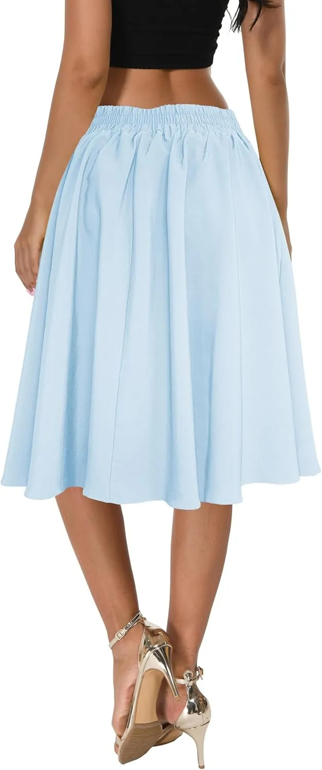 Afibi Womens Vintage High Waist A-Line Skater Skirt Flared Midi Skirt with Pockets