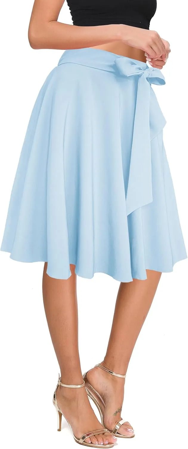 Afibi Womens Vintage High Waist A-Line Skater Skirt Flared Midi Skirt with Pockets