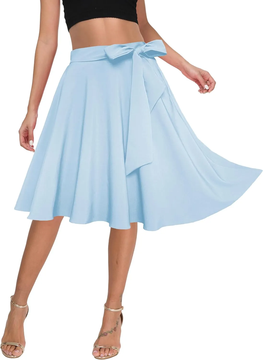 Afibi Womens Vintage High Waist A-Line Skater Skirt Flared Midi Skirt with Pockets