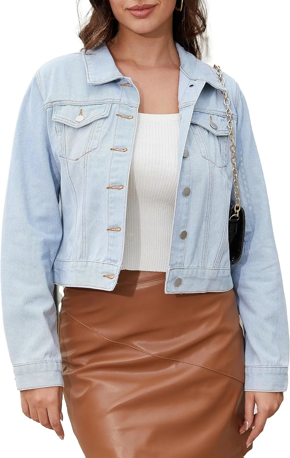 andy & natalie Women's Denim Jackets Cropped Long Sleeve Basic Button Down Crop Jean Shacket with Pockets