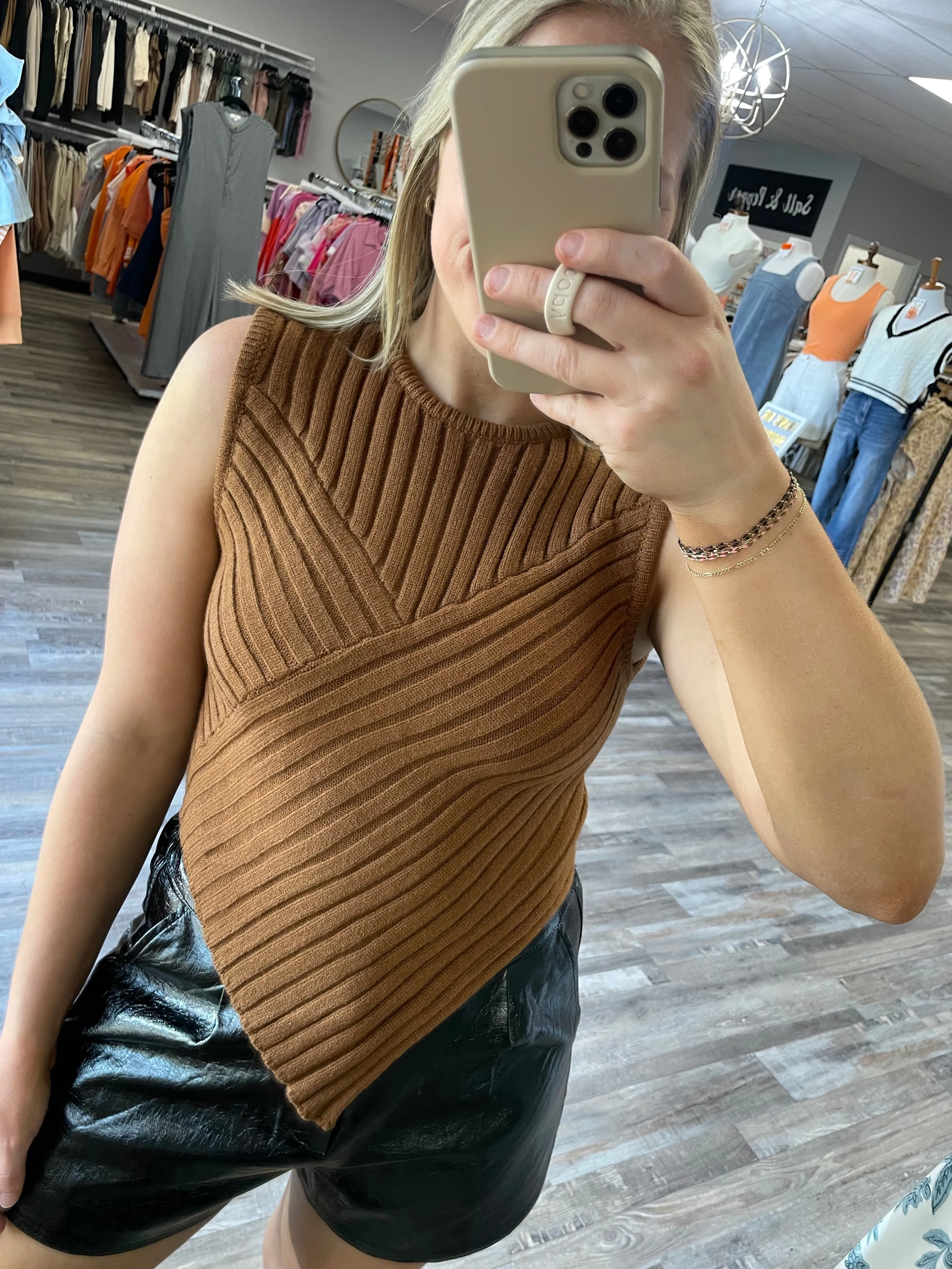 Asymmetrical Hem Sweater Top - Brown