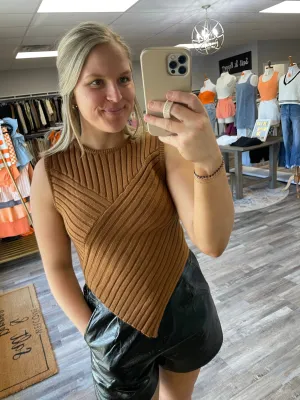 Asymmetrical Hem Sweater Top - Brown