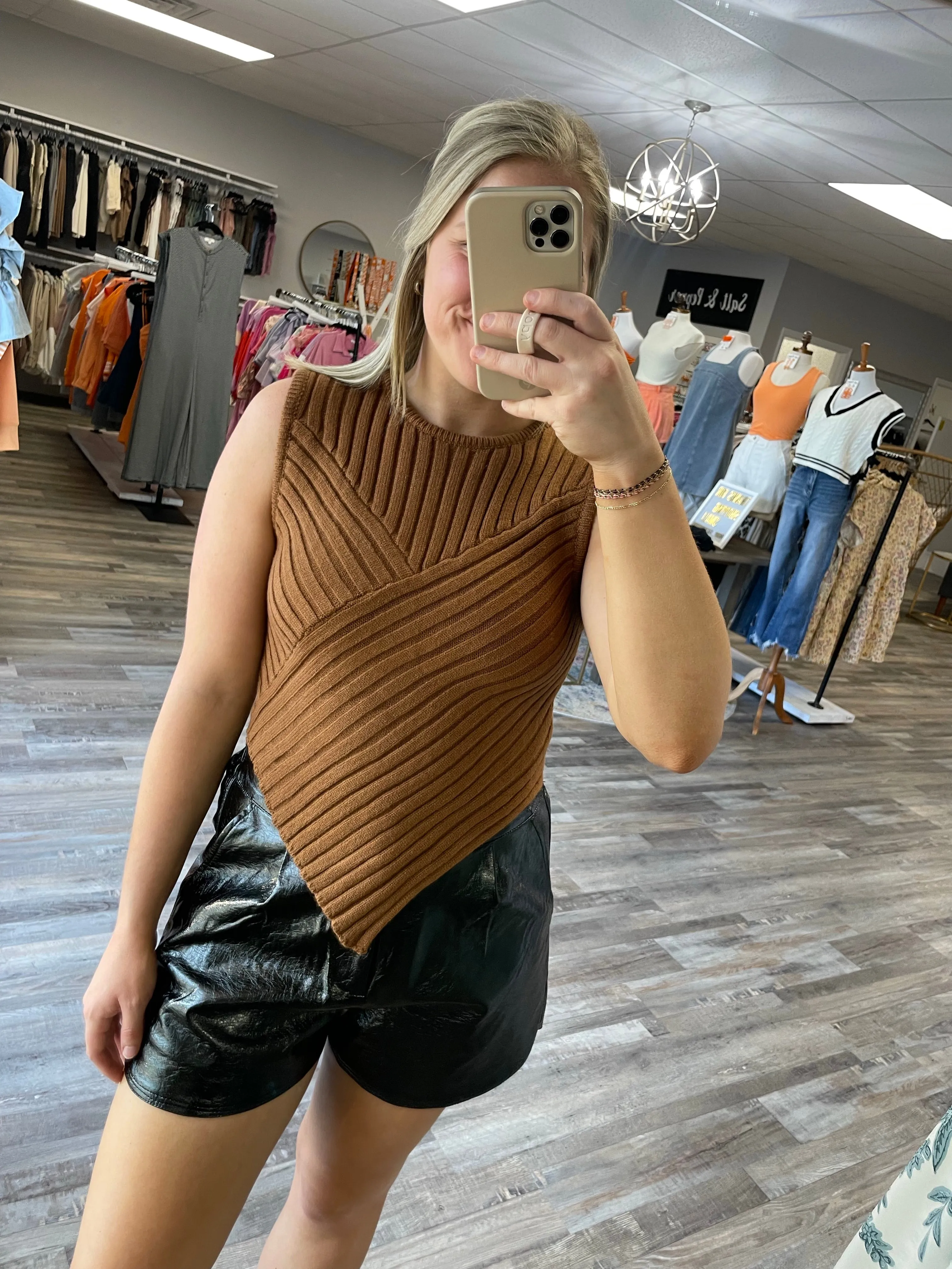 Asymmetrical Hem Sweater Top - Brown