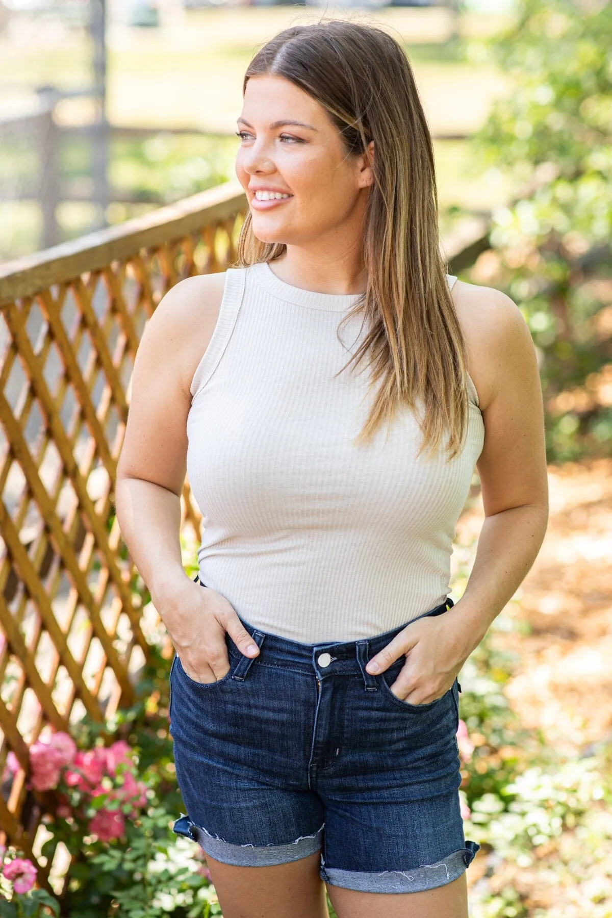 Beige Ribbed Fitted Tank