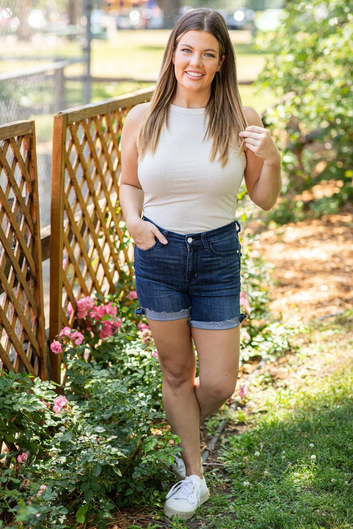 Beige Ribbed Fitted Tank