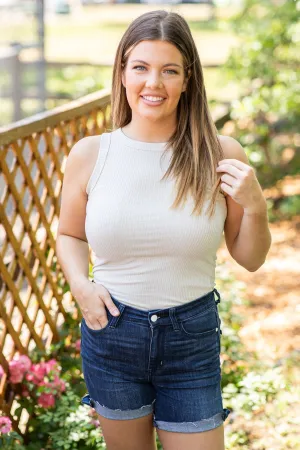 Beige Ribbed Fitted Tank