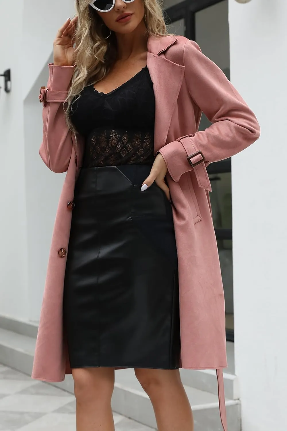 Bellivera Womens Faux Suede Leather Jacket Spring and Winter Fashion Long Trench Coat, Lightweight Windbreaker