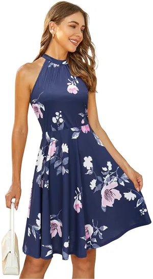 Black Floral-40 Women's Halter Neck Floral Summer Casual Sundress - OUGES