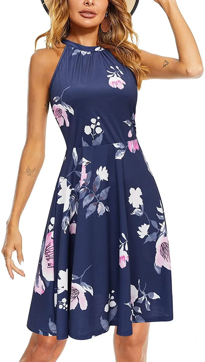 Black Floral-40 Women's Halter Neck Floral Summer Casual Sundress - OUGES