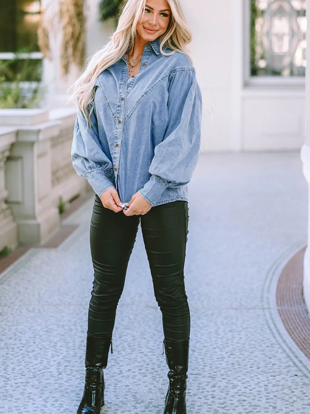 Blue Denim Shirt with V-neckline and Puff Sleeves