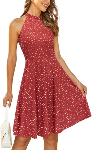 Blue Floral-38 Women's Halter Neck Floral Summer Casual Sundress - OUGES