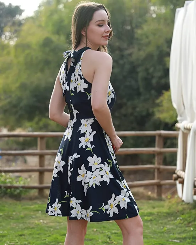Blue Floral-38 Women's Halter Neck Floral Summer Casual Sundress - OUGES