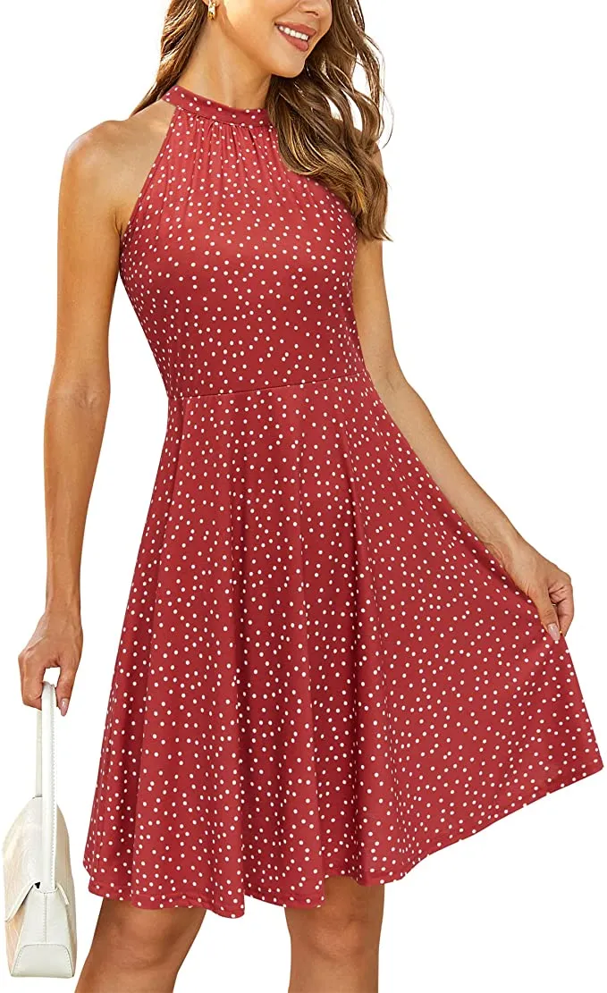 Blue Floral-38 Women's Halter Neck Floral Summer Casual Sundress - OUGES