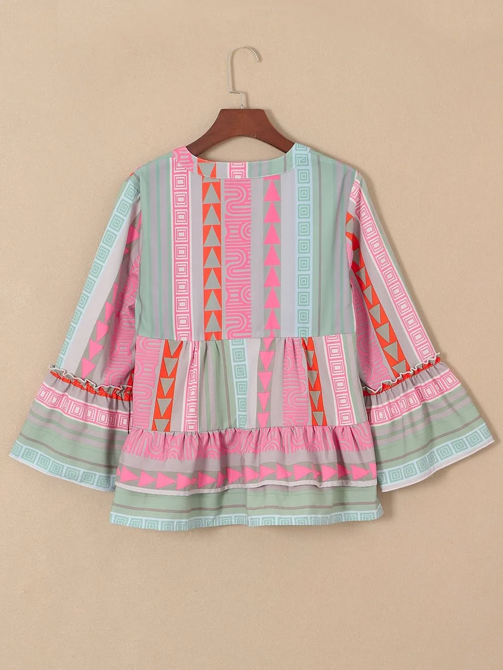 Bohemian Aztec Print Ruffle Sleeve V-Neck Blouse
