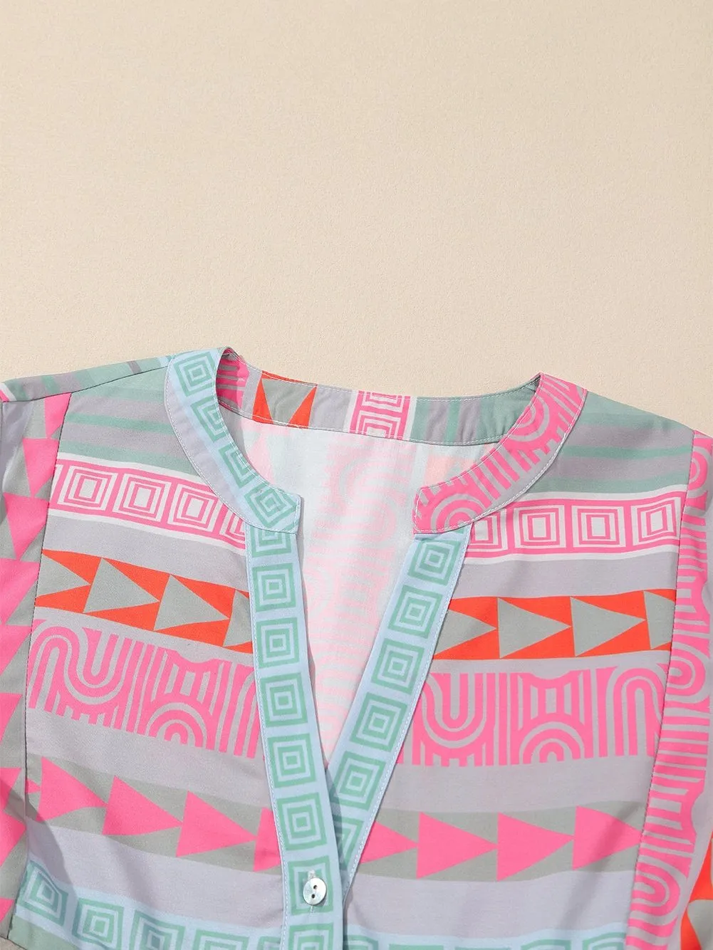 Bohemian Aztec Print Ruffle Sleeve V-Neck Blouse