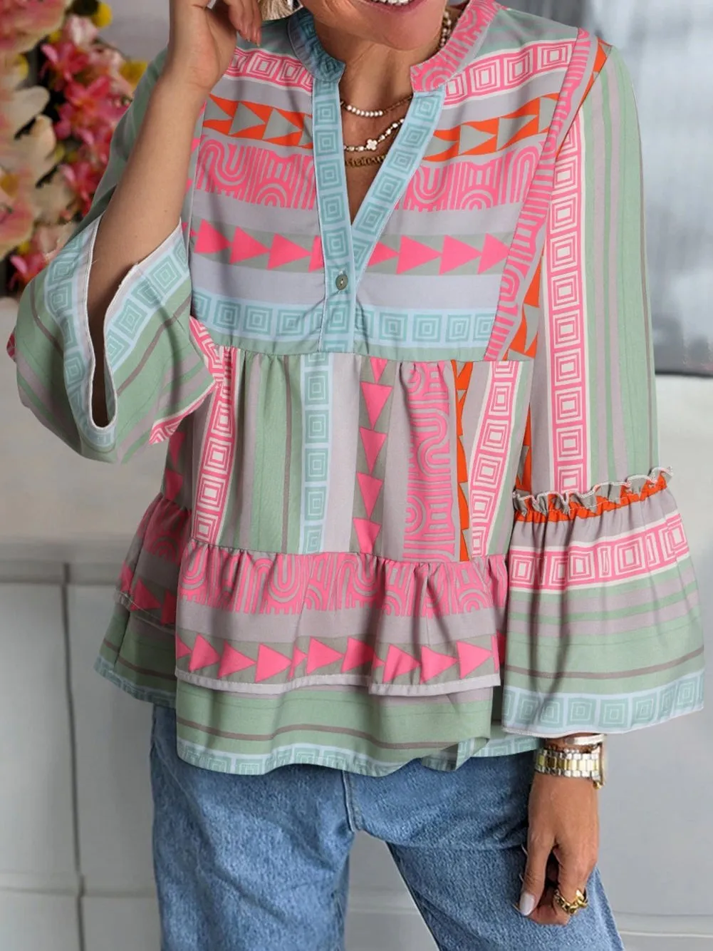 Bohemian Aztec Print Ruffle Sleeve V-Neck Blouse
