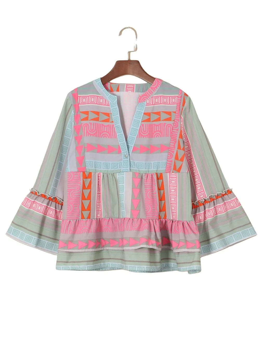 Bohemian Aztec Print Ruffle Sleeve V-Neck Blouse