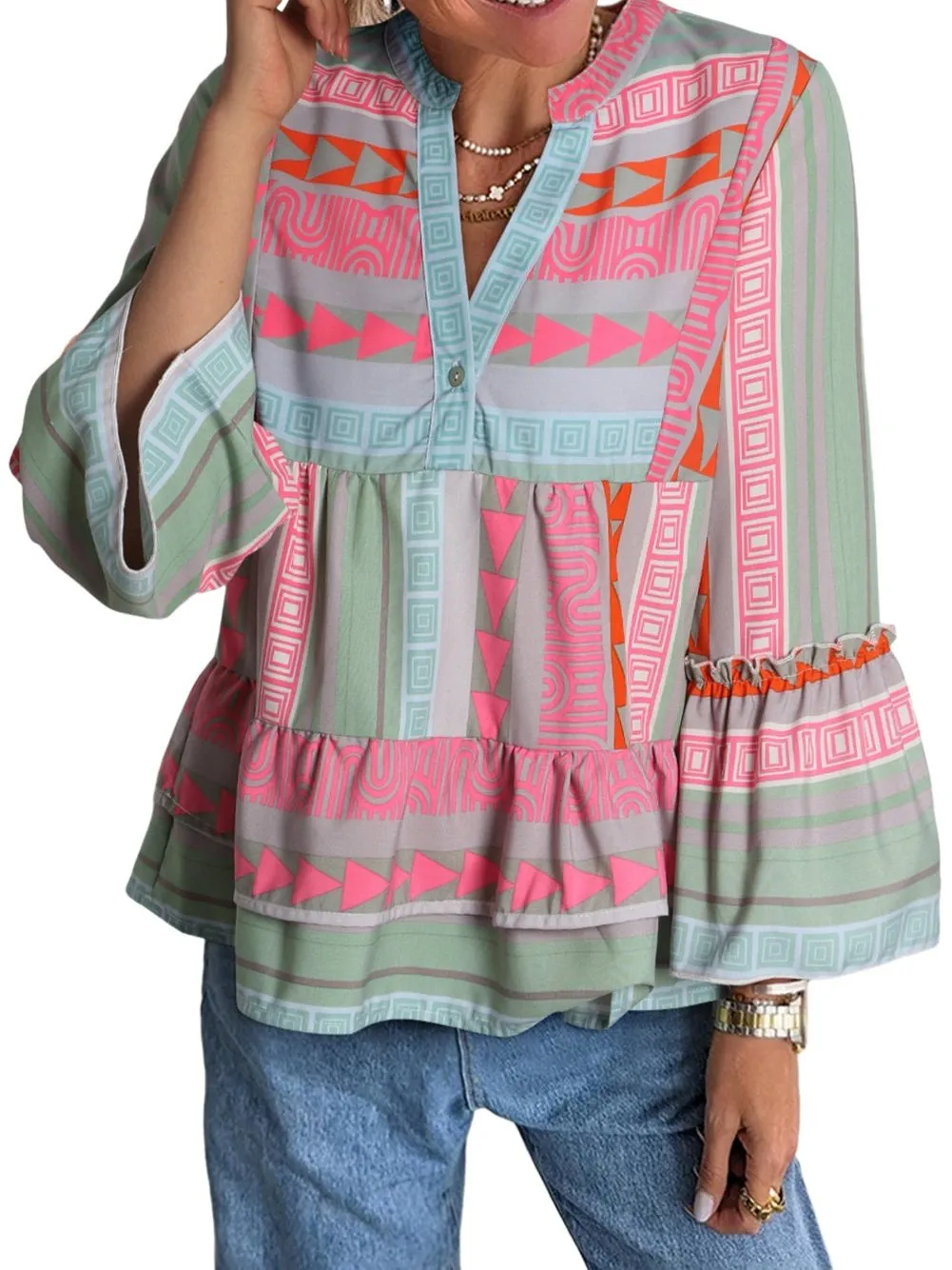 Bohemian Aztec Print Ruffle Sleeve V-Neck Blouse
