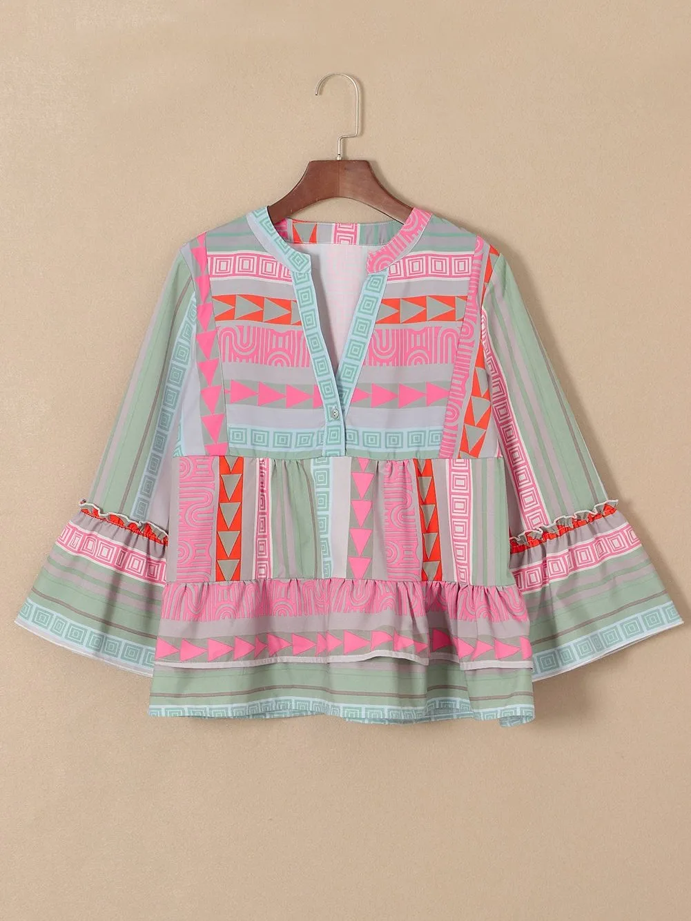Bohemian Aztec Print Ruffle Sleeve V-Neck Blouse