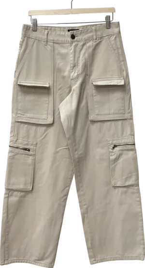 boohooMan Cream Relaxed Heavyweight Twill Acid Washed Cargo Trousers UK XS