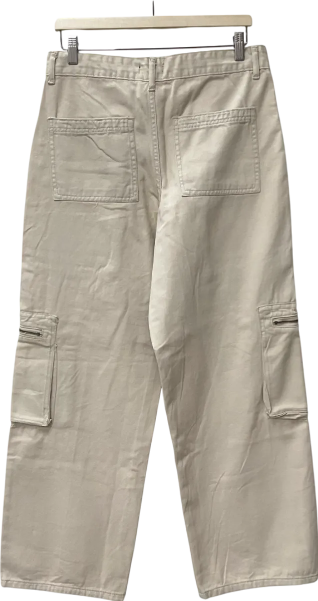 boohooMan Cream Relaxed Heavyweight Twill Acid Washed Cargo Trousers UK XS
