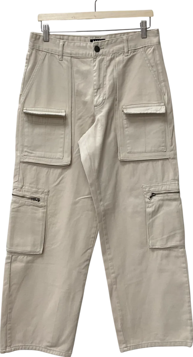 boohooMan Cream Relaxed Heavyweight Twill Acid Washed Cargo Trousers UK XS