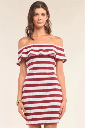 Burgundy White Striped Sleeveless Off-The-Shoulder Flare Hem Ribbed Bodycon Mini Dress