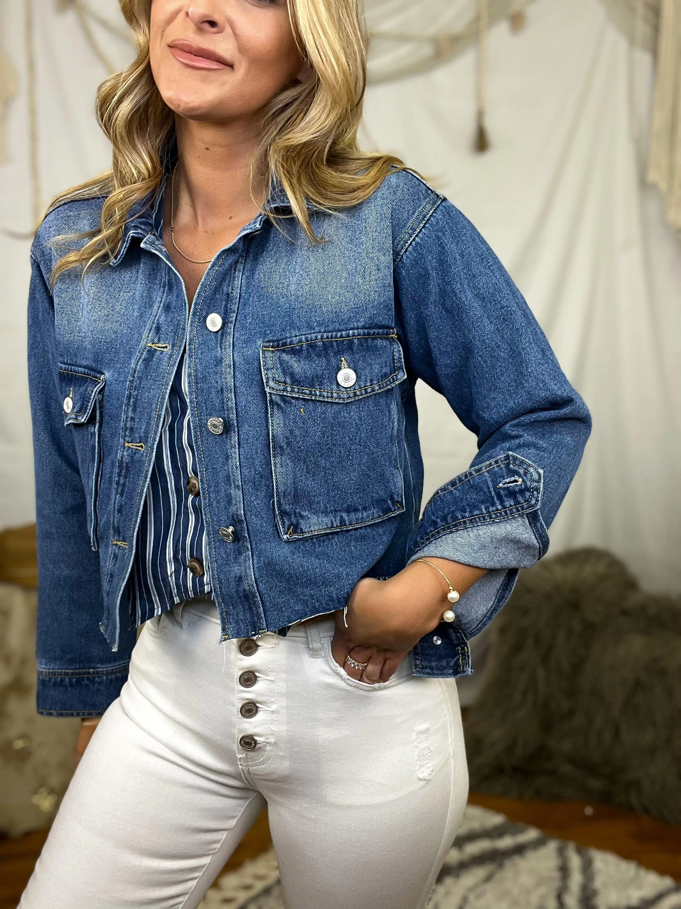 Cropped Patch Pocket Denim Jacket