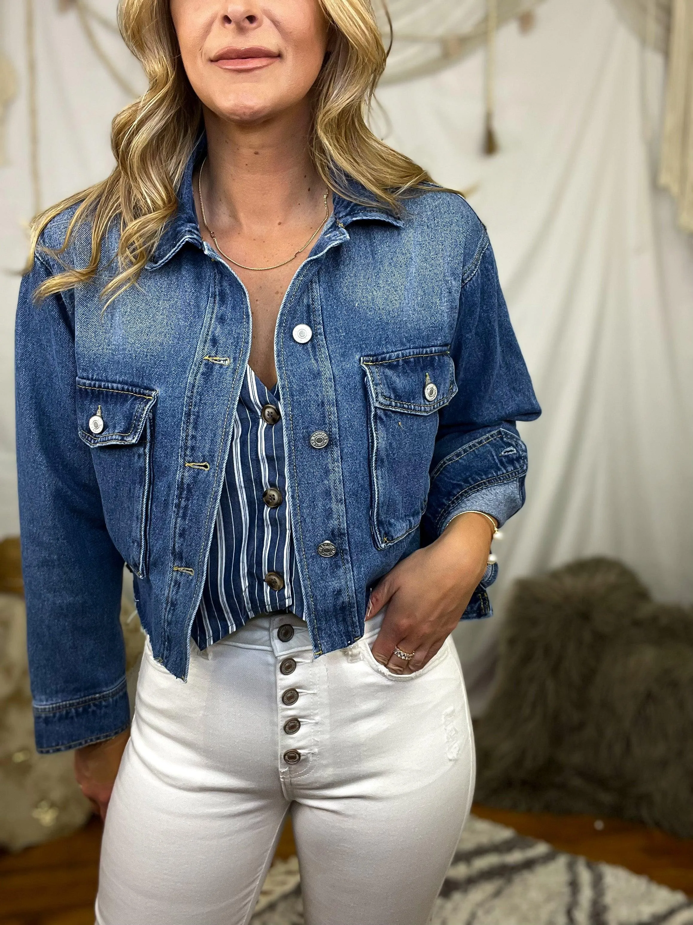 Cropped Patch Pocket Denim Jacket