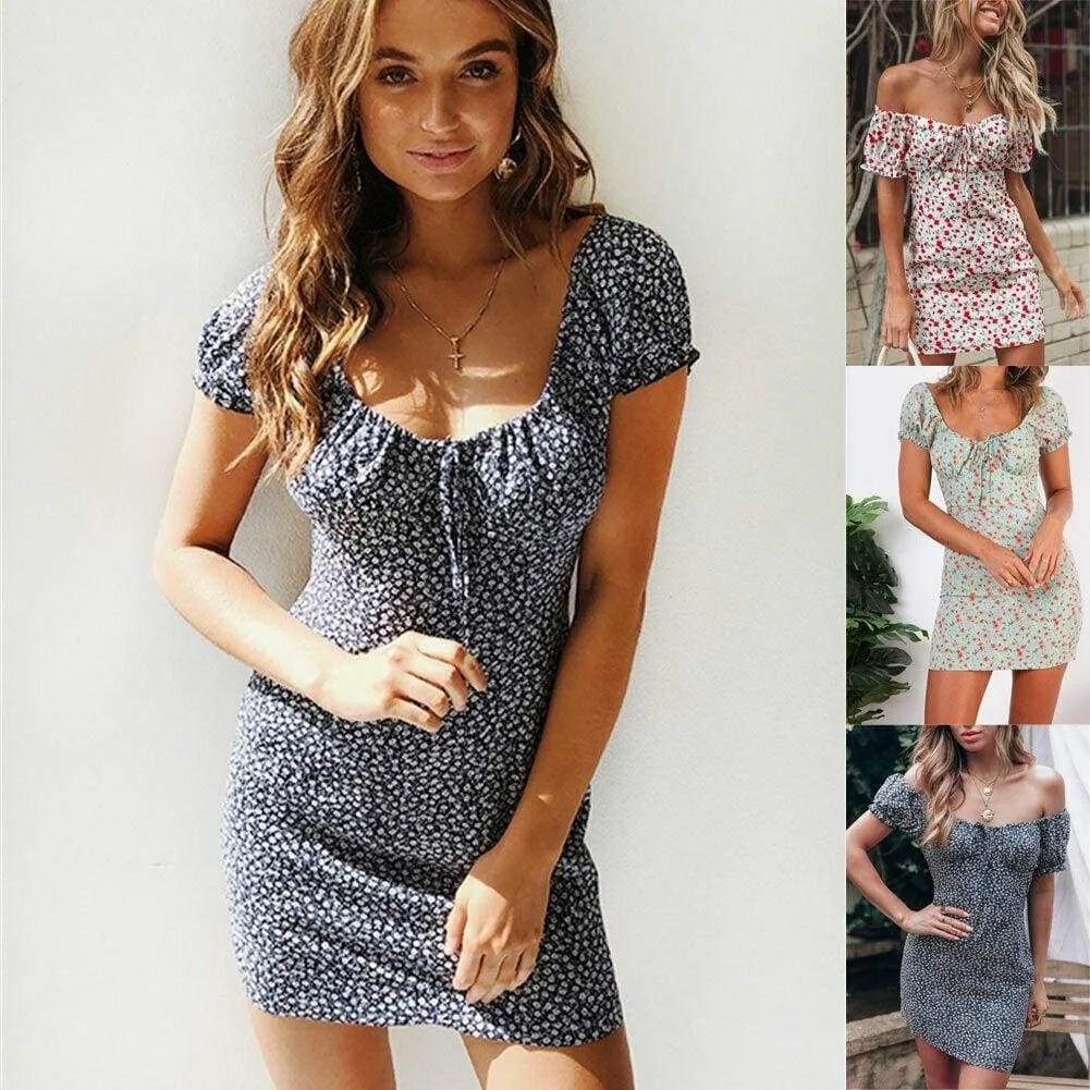 FashionSierra - Women Boho Floral Off Shoulder Bodycon Short Sleeve Dress