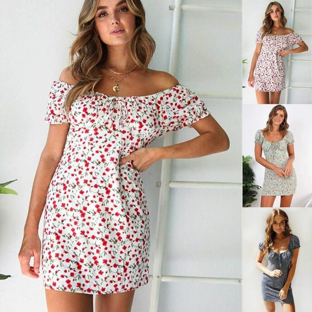 FashionSierra - Women Boho Floral Off Shoulder Bodycon Short Sleeve Dress
