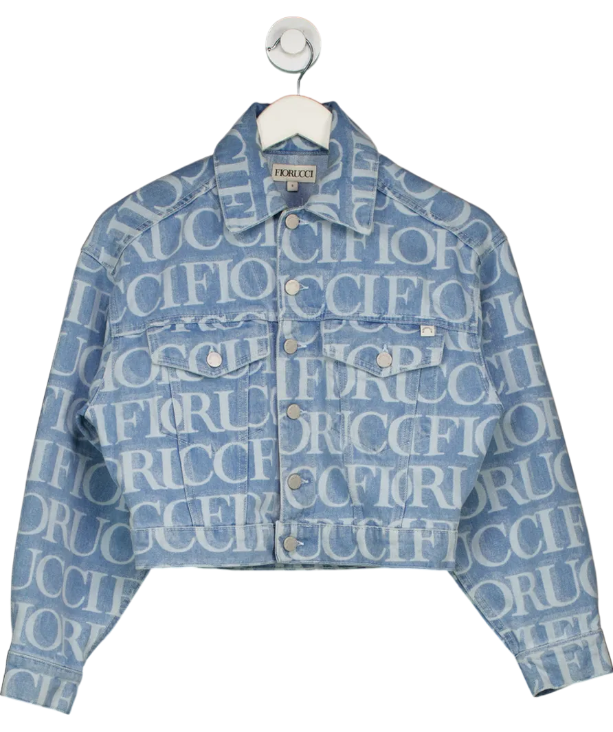 FIORUCCI Blue Monogram Print Cropped Denim Jacket UK S