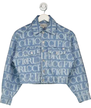 FIORUCCI Blue Monogram Print Cropped Denim Jacket UK S