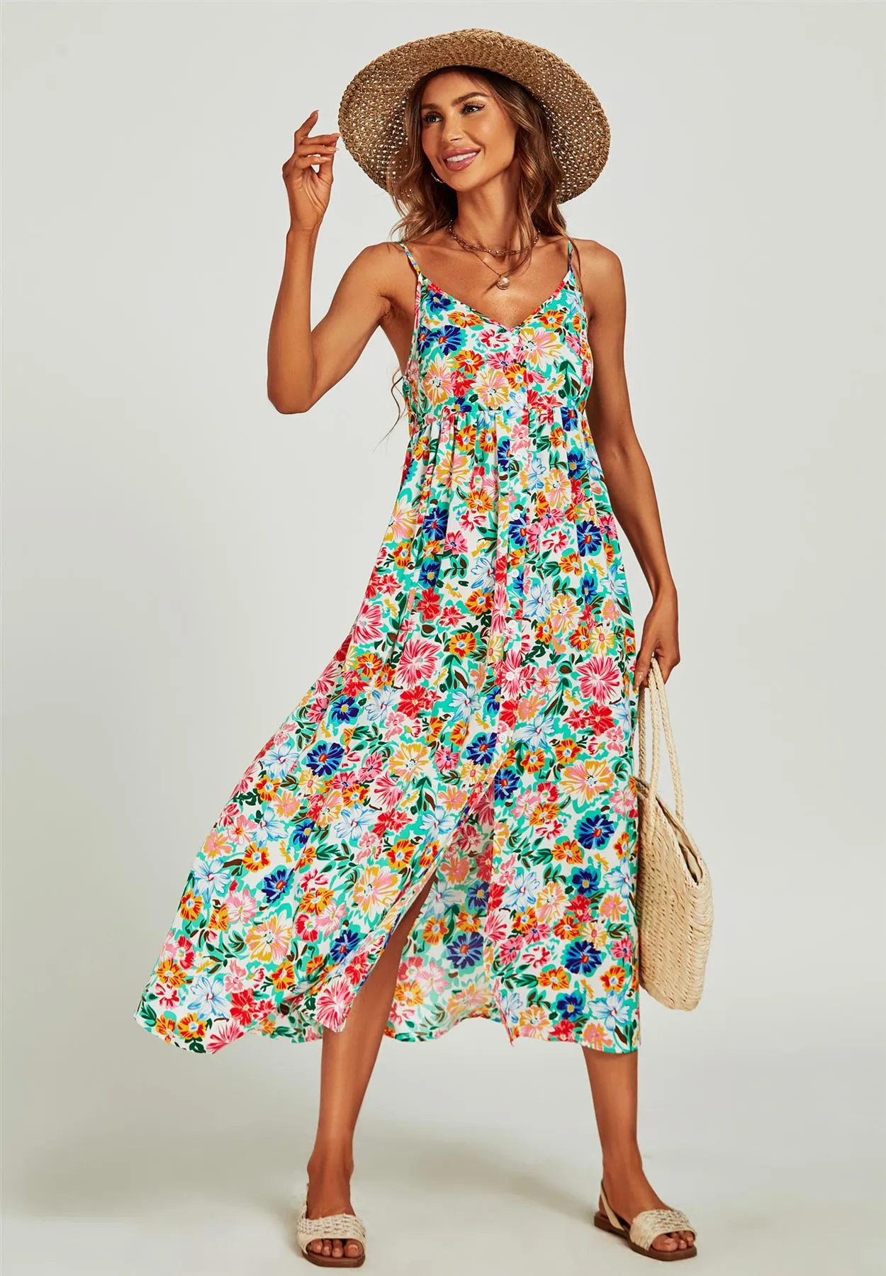 Floral Print Strappy Cami Midi Dress In White