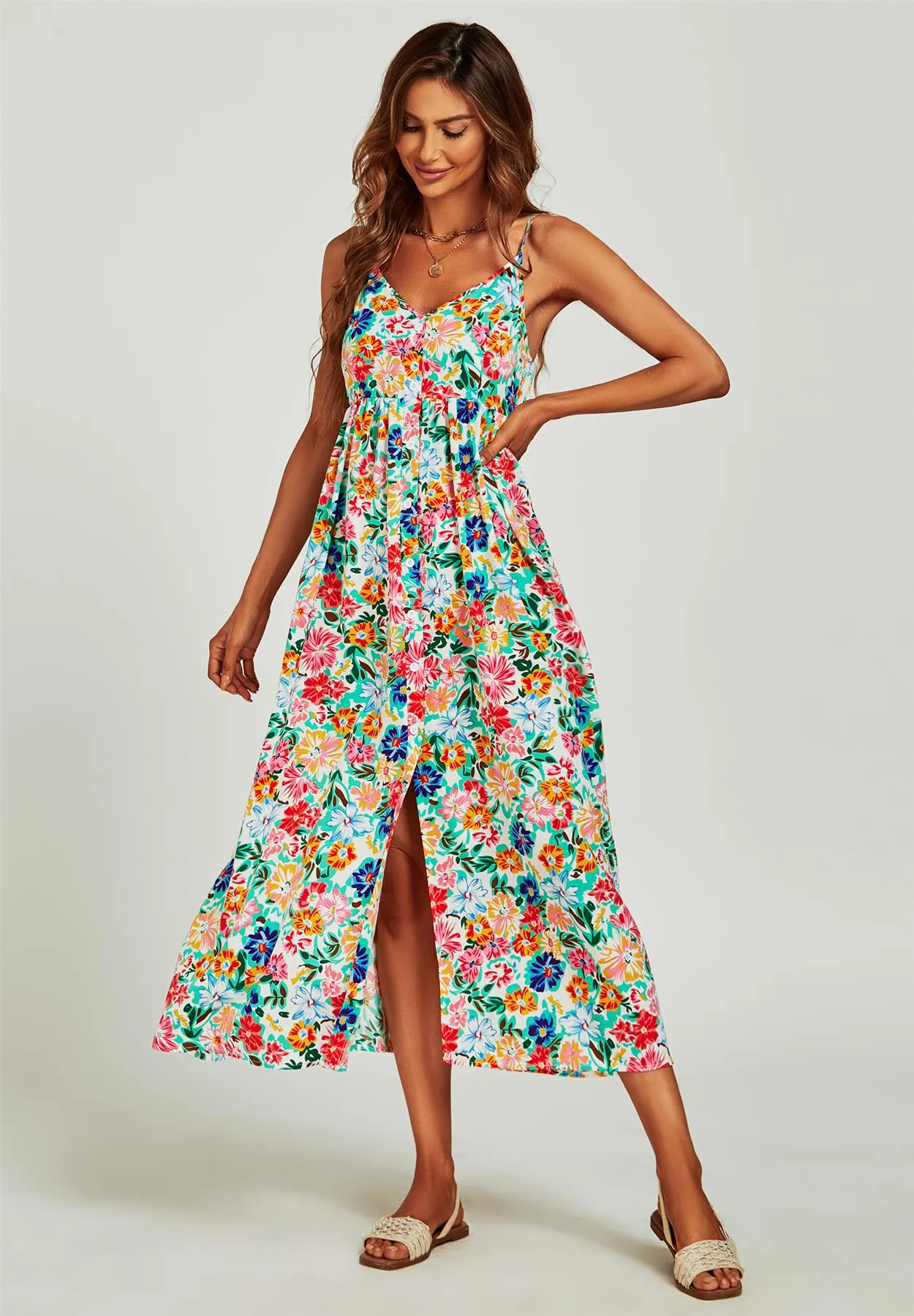 Floral Print Strappy Cami Midi Dress In White