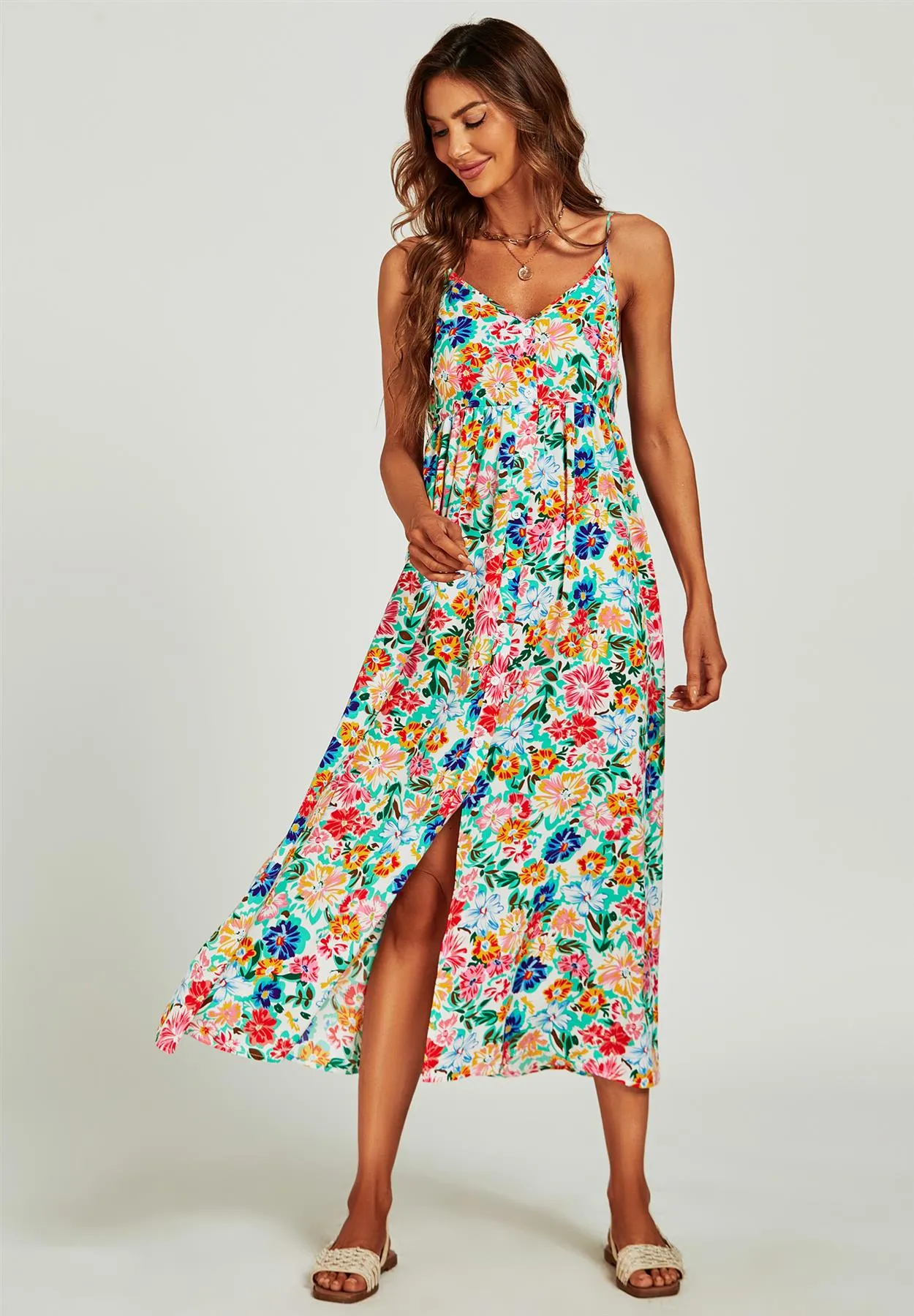 Floral Print Strappy Cami Midi Dress In White