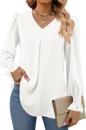 Funlingo Women's 2024 Long Sleeve Tops Dressy Casual V Neck Tunic Shirts Loose Chiffon Work Blouse