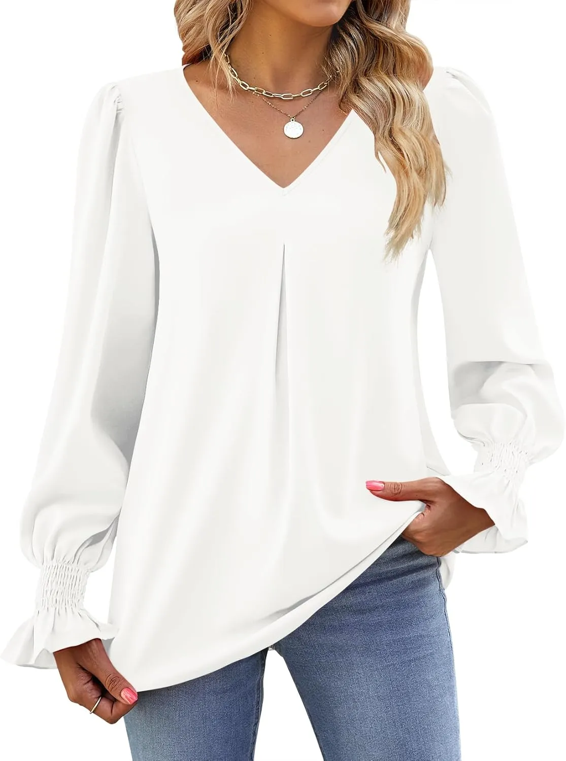 Funlingo Women's 2024 Long Sleeve Tops Dressy Casual V Neck Tunic Shirts Loose Chiffon Work Blouse