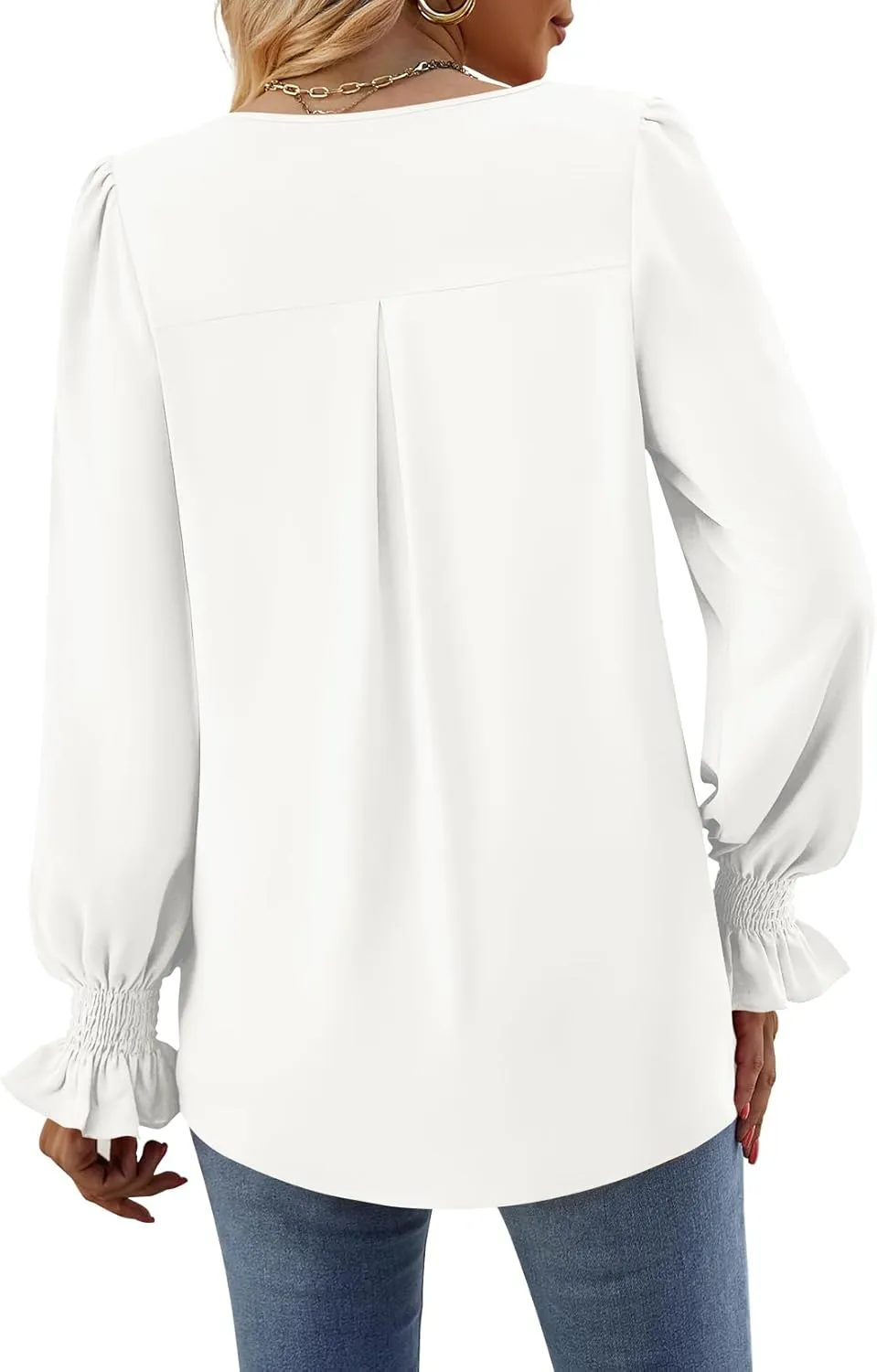Funlingo Women's 2024 Long Sleeve Tops Dressy Casual V Neck Tunic Shirts Loose Chiffon Work Blouse