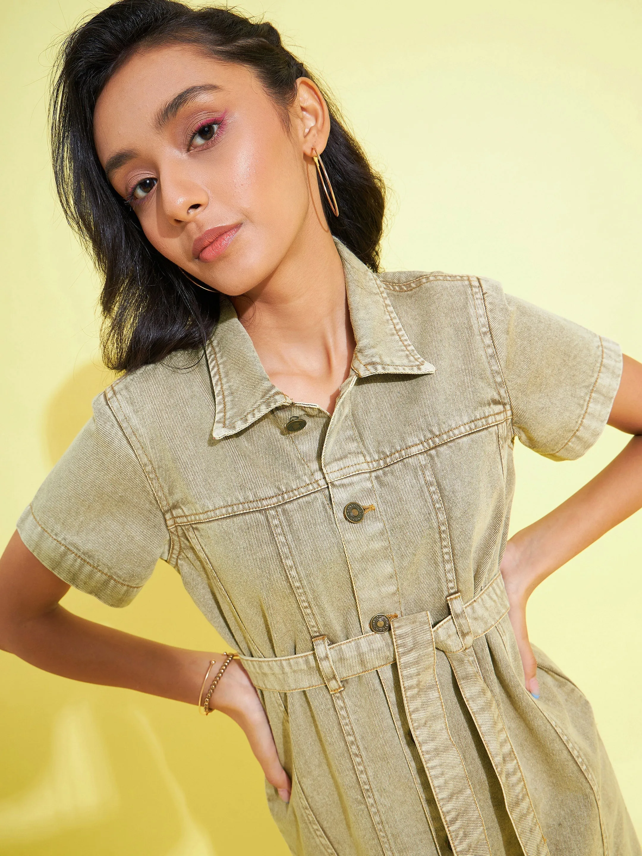 Girls Brown Acid Wash Denim Shirt Dress - Lyush Kids