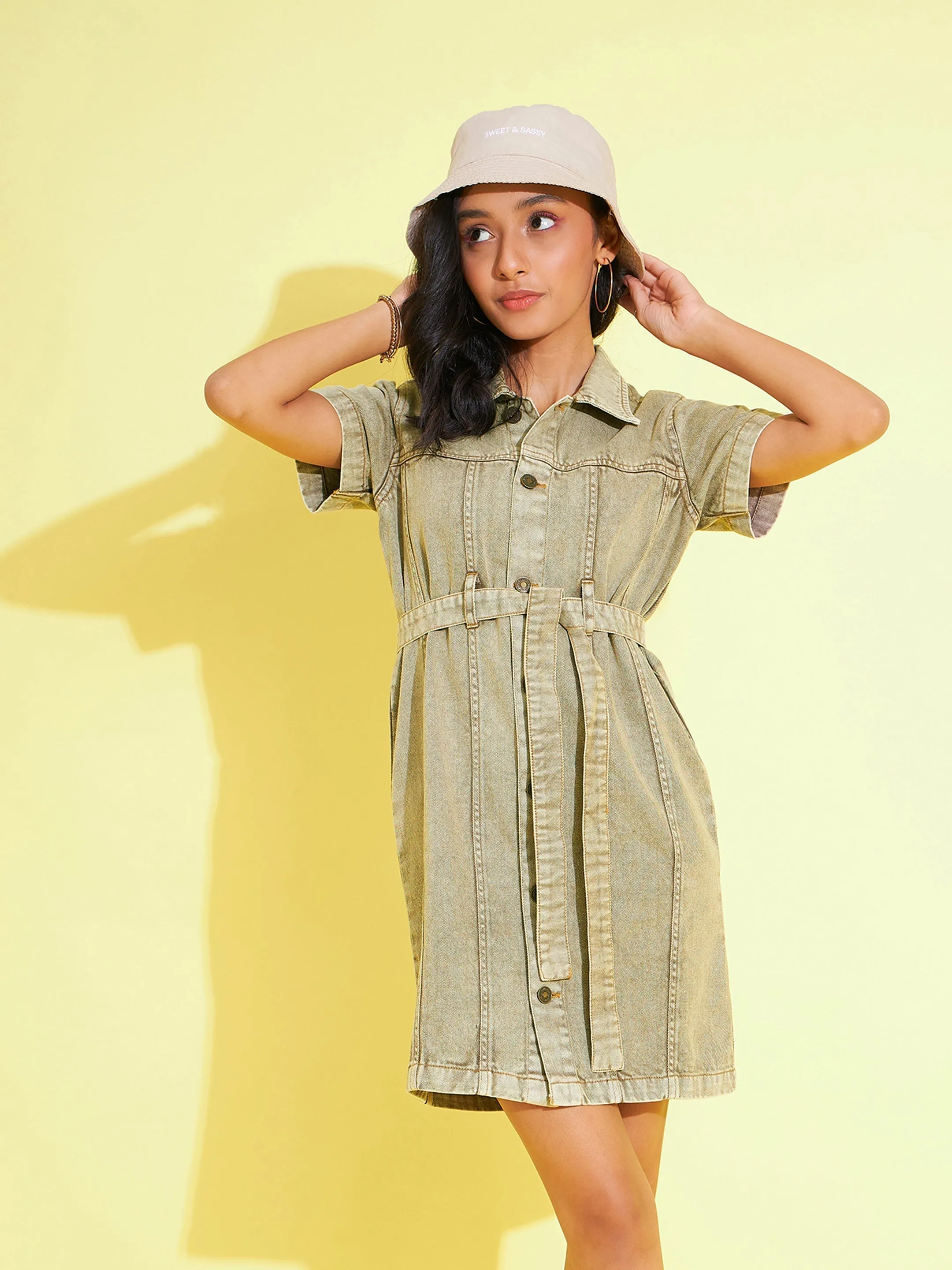 Girls Brown Acid Wash Denim Shirt Dress - Lyush Kids