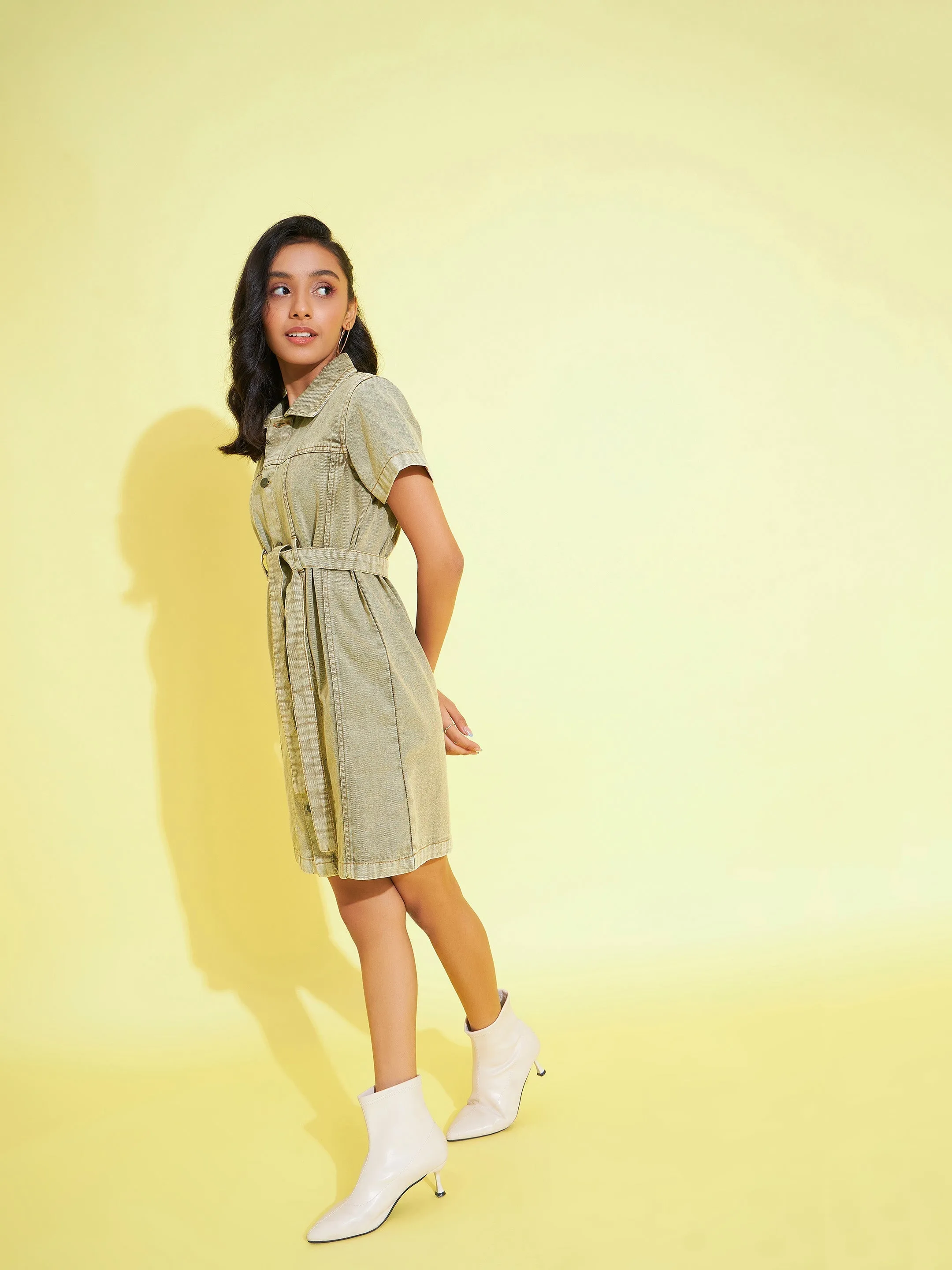 Girls Brown Acid Wash Denim Shirt Dress - Lyush Kids