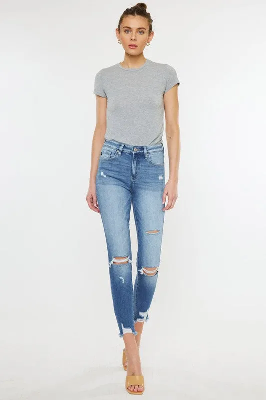 HIGH RISE FRAY HEM ANKLE SKINNYJEANS- KC9130M
