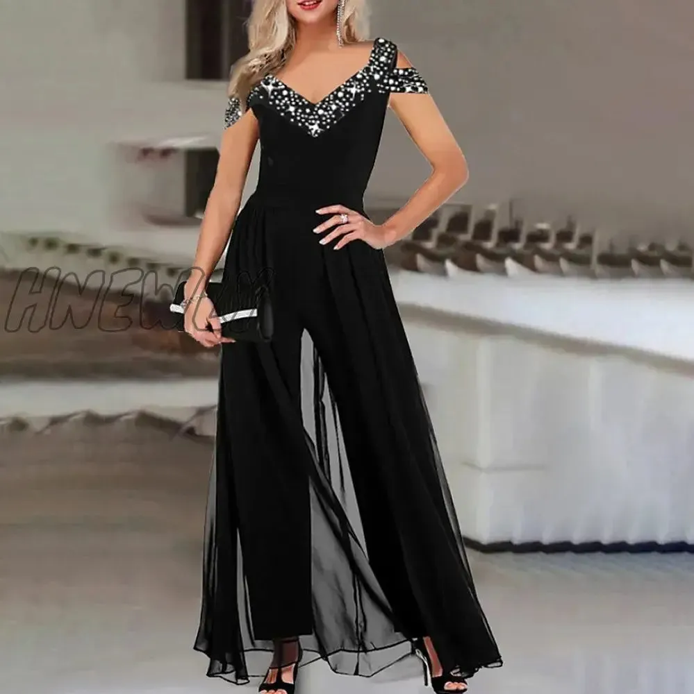 Hnewly Women Fashion Elegant Long Sleeve Partywear Jumpsuits Formal Party Romper Lace Trim Party Jumpsuit Chic Work Outfits Women