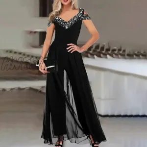 Hnewly Women Fashion Elegant Long Sleeve Partywear Jumpsuits Formal Party Romper Lace Trim Party Jumpsuit Chic Work Outfits Women