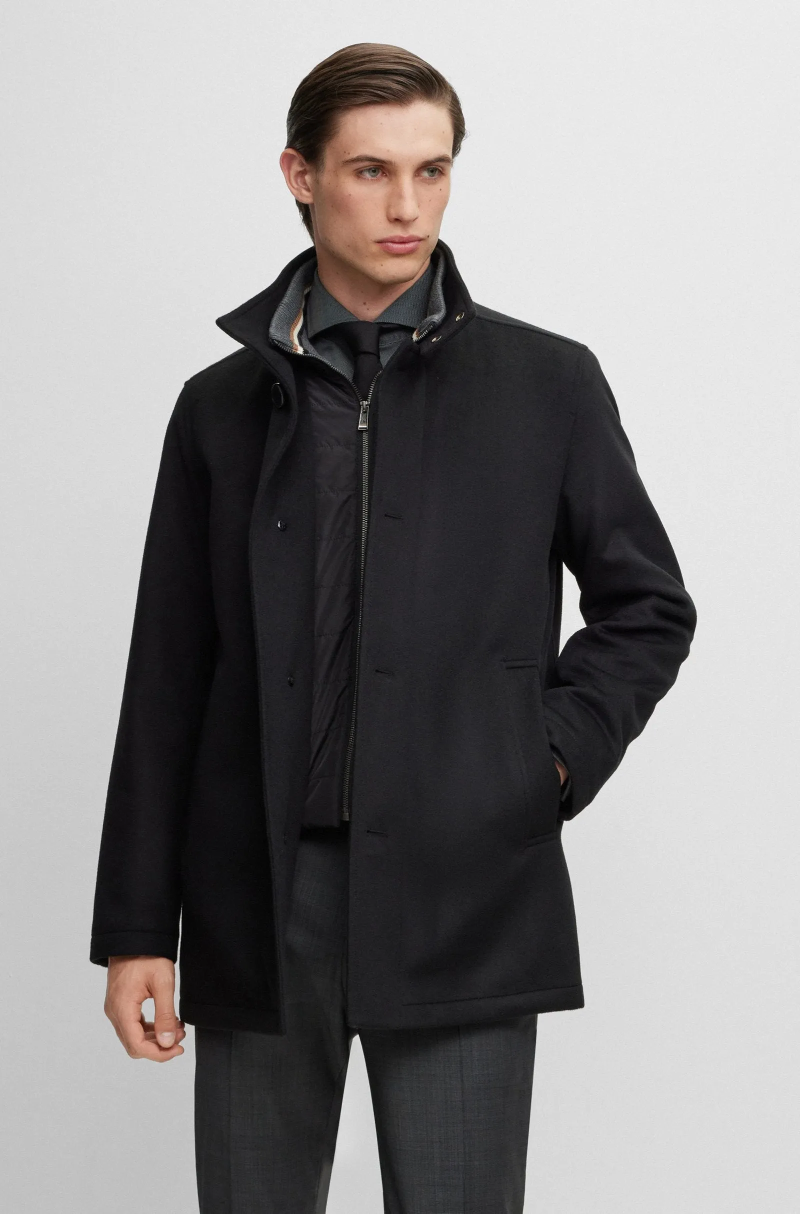 Hugo Boss Relaxed Fit Coxtan High Collar Coat in Wool and Cashmere - Black