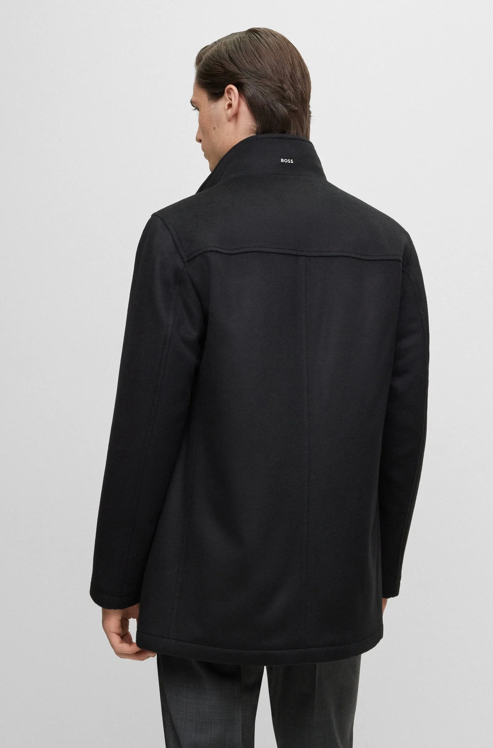 Hugo Boss Relaxed Fit Coxtan High Collar Coat in Wool and Cashmere - Black